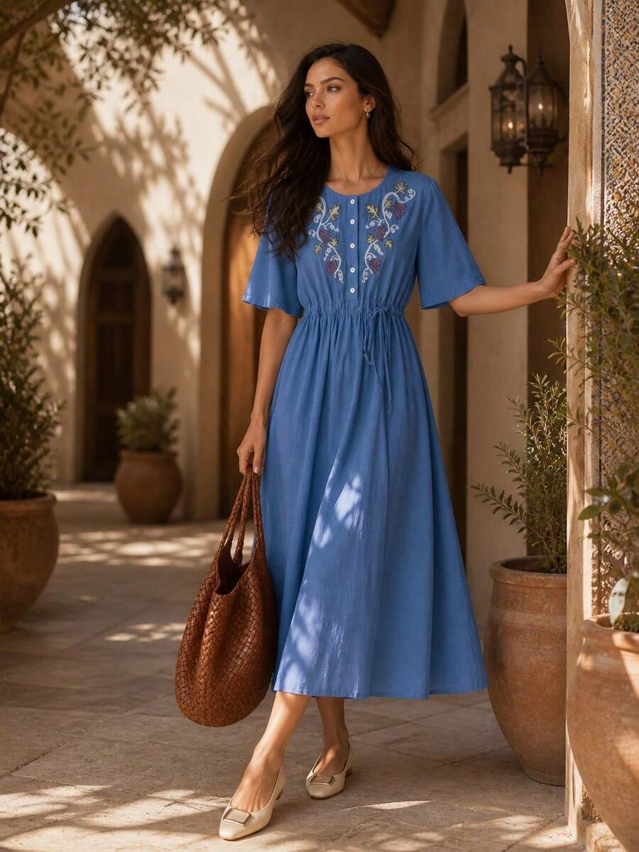 Women's Spring Summer Autumn Vintage Elegant Casual Literary Romantic Loose Waist Drawstring Vintage Embroidery Vacation Dress, Commute Holiday Vacation Daily Outing Versatile Solid Color Embroidered Waist-Cinching Dress, Lightweight, Breathable, Polyester Material - Dusty Blue - View 1