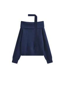 Navy Blue Off-Shoulder Sweater Women Autumn/Winter Korean Style Slim Fit Flattering Knit Top Solid Color - Royal Blue - View 3