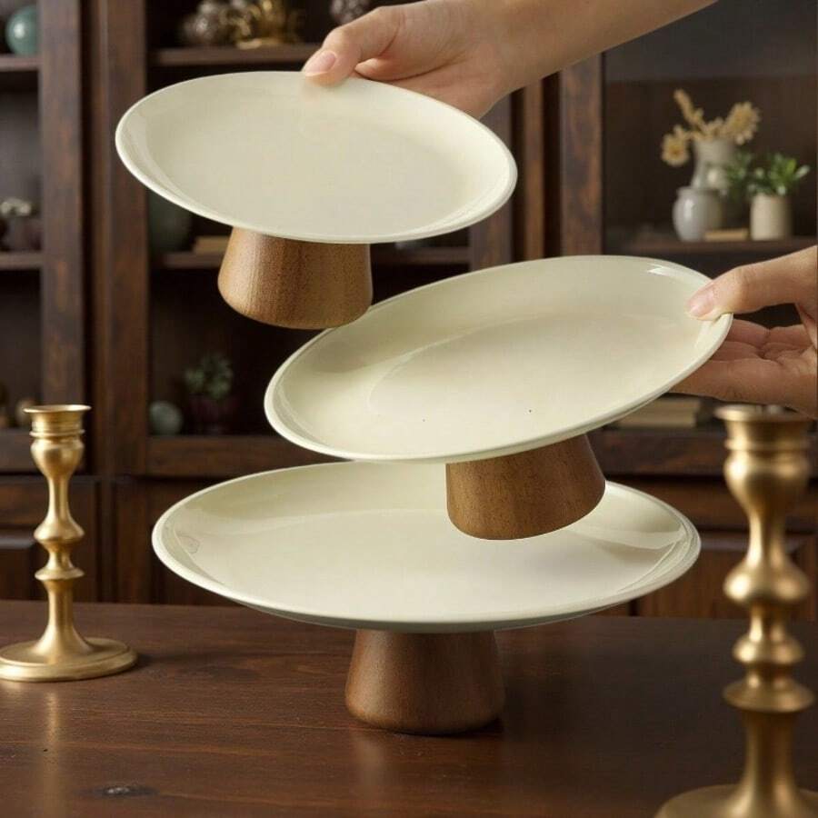 1 Set Stainless Steel Cream White Tray With Wooden Base, Multi-Functional Tray, Candy Tray, Cake Tray - Wooden Stand, White Stainless Steel Tray - View 1