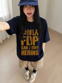 日式女款寬鬆圓領短袖字母印花T恤，春夏休閒款 - 藏蓝色 - 查看 3