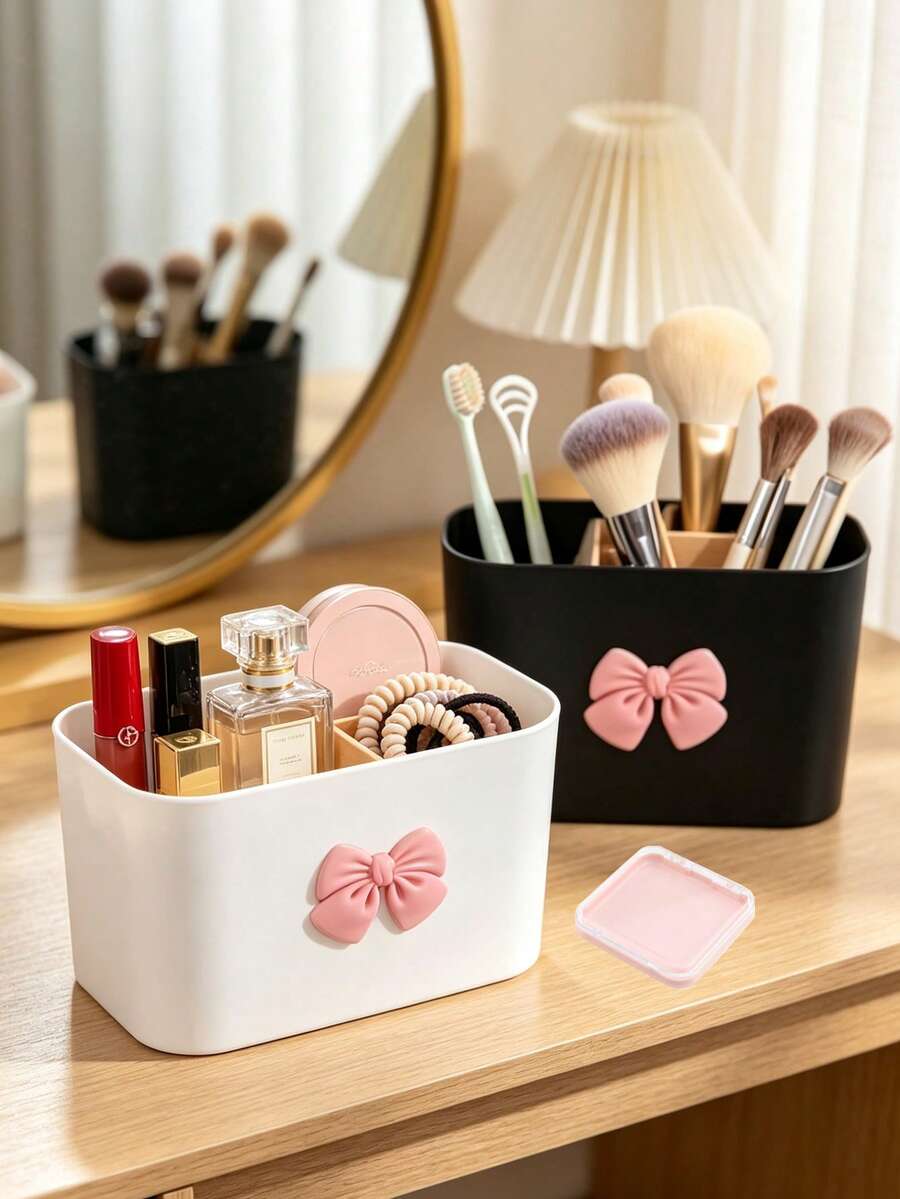 Makeup Storage Box With Bow Tie, Toothbrush And Toothpaste Storage Box, Desktop Shelf With Nordic Style Storage Box, Bathroom Toothbrush Holder, With Bamboo Divider, Electric Toothbrush Holder, Toothbrush And Toothbrush Storage Rack For Countertops - Multicolor - View 1