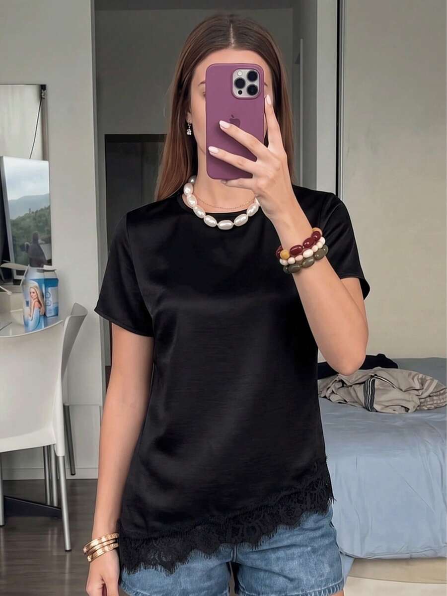 Women's White Satin Short Sleeve Round Neck Lace Patchwork Casual Blouse, Suitable For Daily Commute And Leisure Black Summer, Aesthetic - Black - View 1
