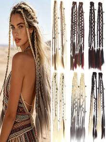 2pcs Handmade Bohemian Style 20 Inch Clip-In Hair Extensions, Bohemian Braided Hair With Daily Wear Beads And Exquisite Accessories, Synthetic Fiber - Multicolor - View 1