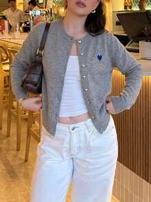 Women's Heart Embroidered Long Sleeve Single-Breasted Knit Cardigan, Autumn/Winter - Grey - View 4