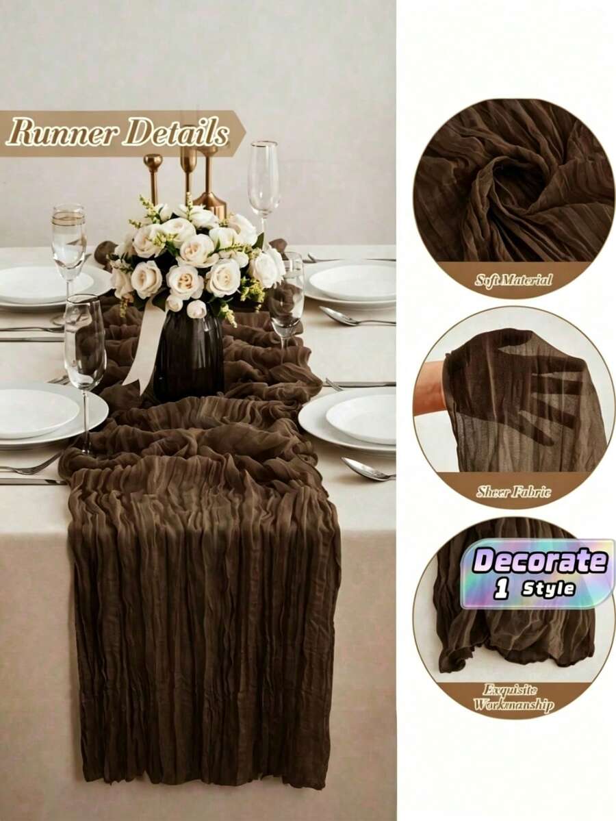 1/5pcs Brown Bohemian Style Cheesecloth Table Runner, Rustic Vintage Semi-Sheer Gauze Tablecloth Table Cover, Farmhouse Decor Minimalist Polyester Fiber Dining Table Decor Cloth, Suitable For Dining Table - brown - View 1