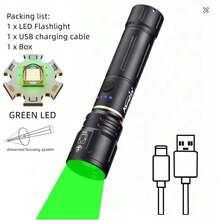 Green LED Flashlight Zoomable High Power Torch, Aluminum Alloy Handheld Light, USB Rechargeable Portable Flashlight, Alonefire For Hunting, Camping, Hiking, Fishing, Outdoor Emergency - Multicolor - View 13