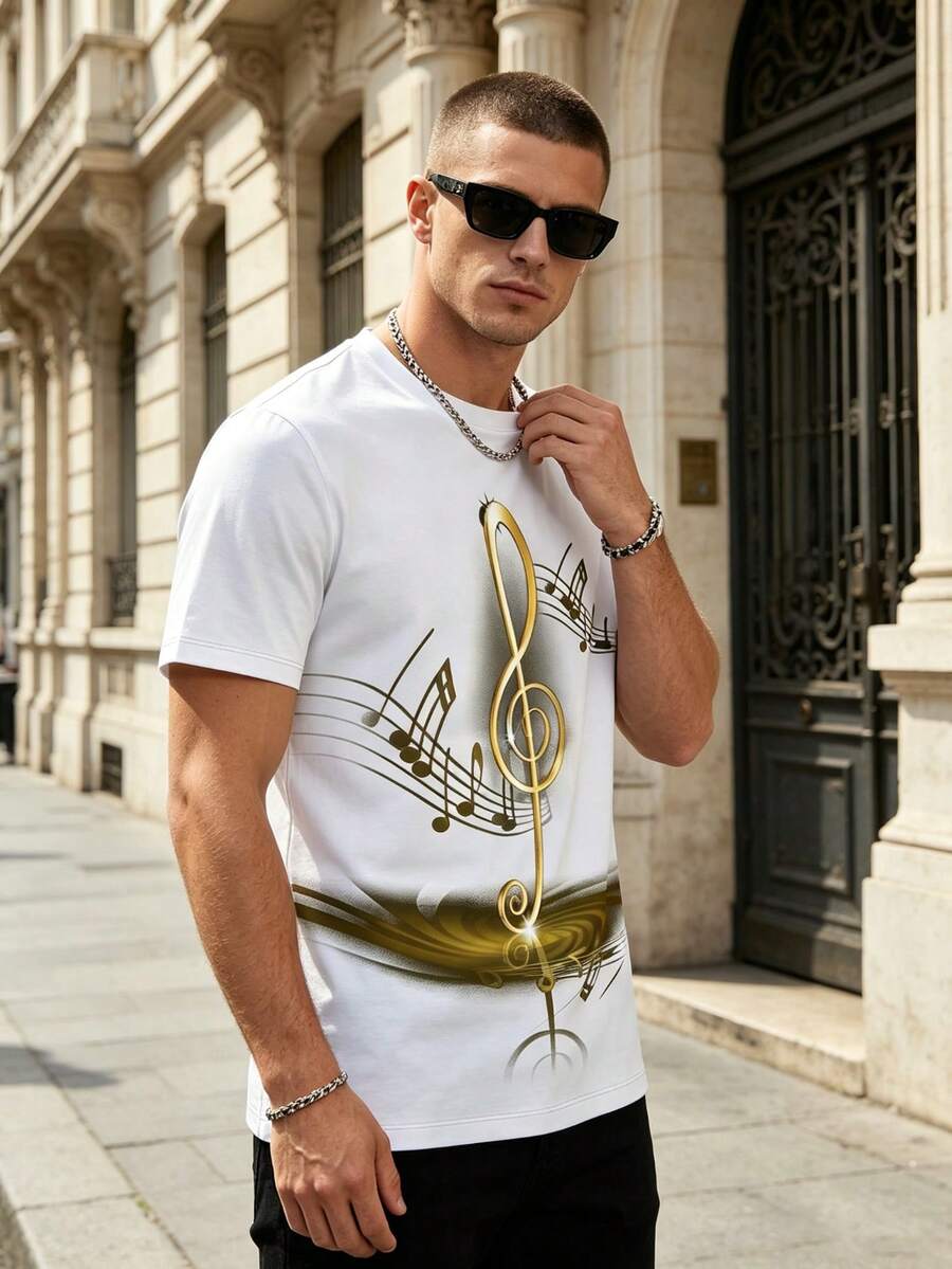 Fashionable Must-Have For Men! Stylish Black & Gold Music Treble Clef Note Print Short Sleeve T-Shirt, Men's Casual Versatile Tee, Stretchy Polyester Fabric - Multicolor - View 1
