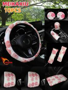 MEIKAXIU 3PCS-S,3PCS-H,4/6/8/10PCS Winter Plush Flower Car Accessories Multi-Piece Set, Car Steering Wheel Cover Without Inner Ring, Handbrake Cover, Gear Shift Cover, Shoulder Protector, Armrest Pad, Headrest Pad And Other Car Decoration Items For Women - Jacquard Plush Flowers - View 33