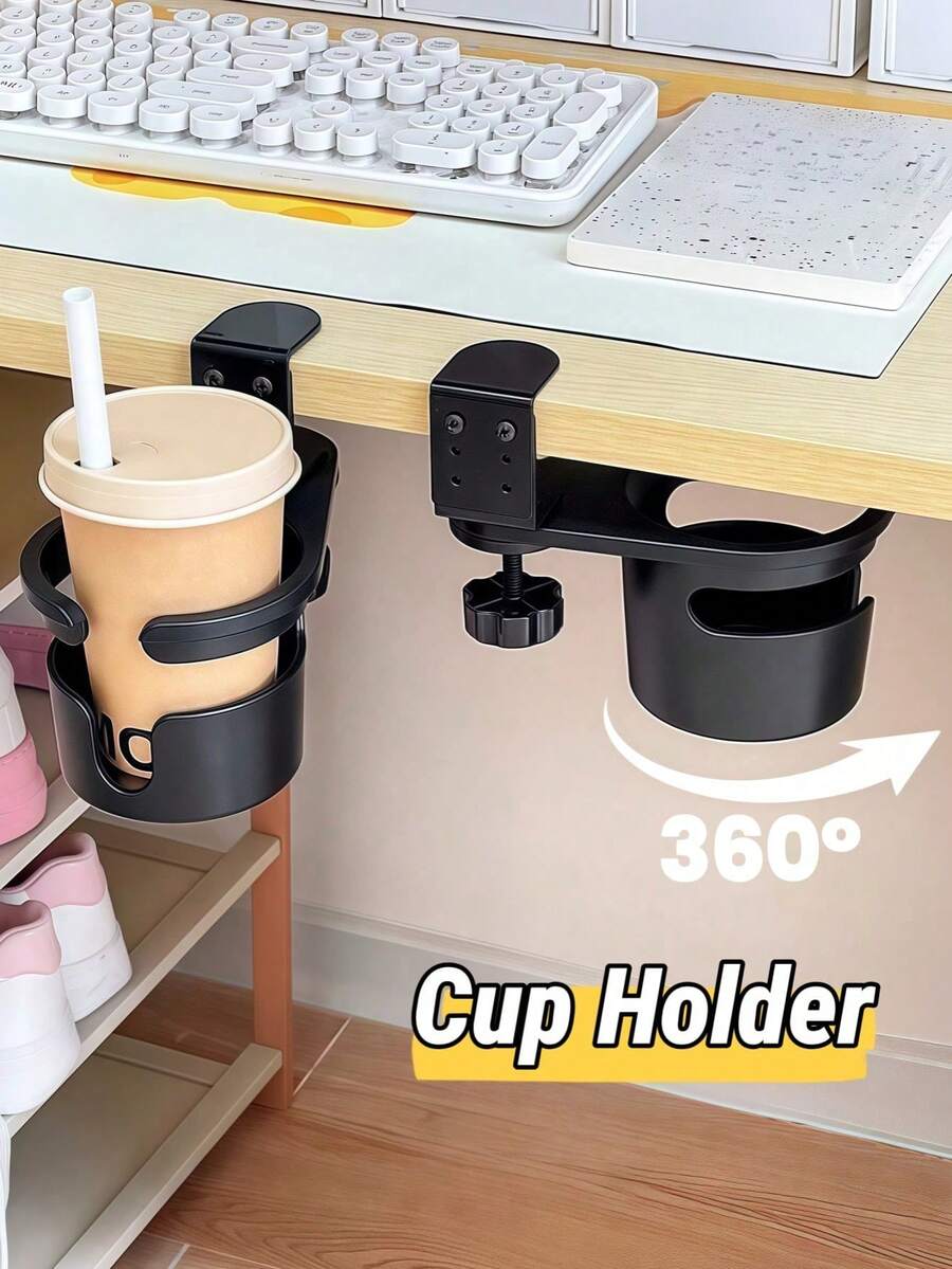 No-Drill Foldable/Rotatable Cup Holder Organizer | Adjustable Metal Bedside Shelf + Space-Saving Design | Hanging Cup/Coffee/Tea Storage Rack (Table/Wall 2-In-1 + Home/Dorm/Office/Car Space-Saver Essential)