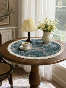 Vintage Blue Floral Round Tablecloth With Fringe, Woven Polyester Cotton Table Cover For Dining Table, Coffee Table, Side Table & Home Decor - Blue - View 4