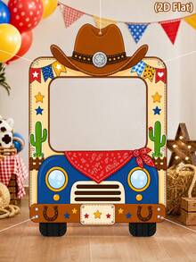 1pc Western Cowboy Photo Backdrop Cloth,Cowboy & Truck Pattern Christmas Photo Booth Banner,Photo Frame Backdrop,Party Background Cloth,Birthday Decorations,Babyshower Decorations,Western Cowboy Party Decorations - Multicolor - View 2