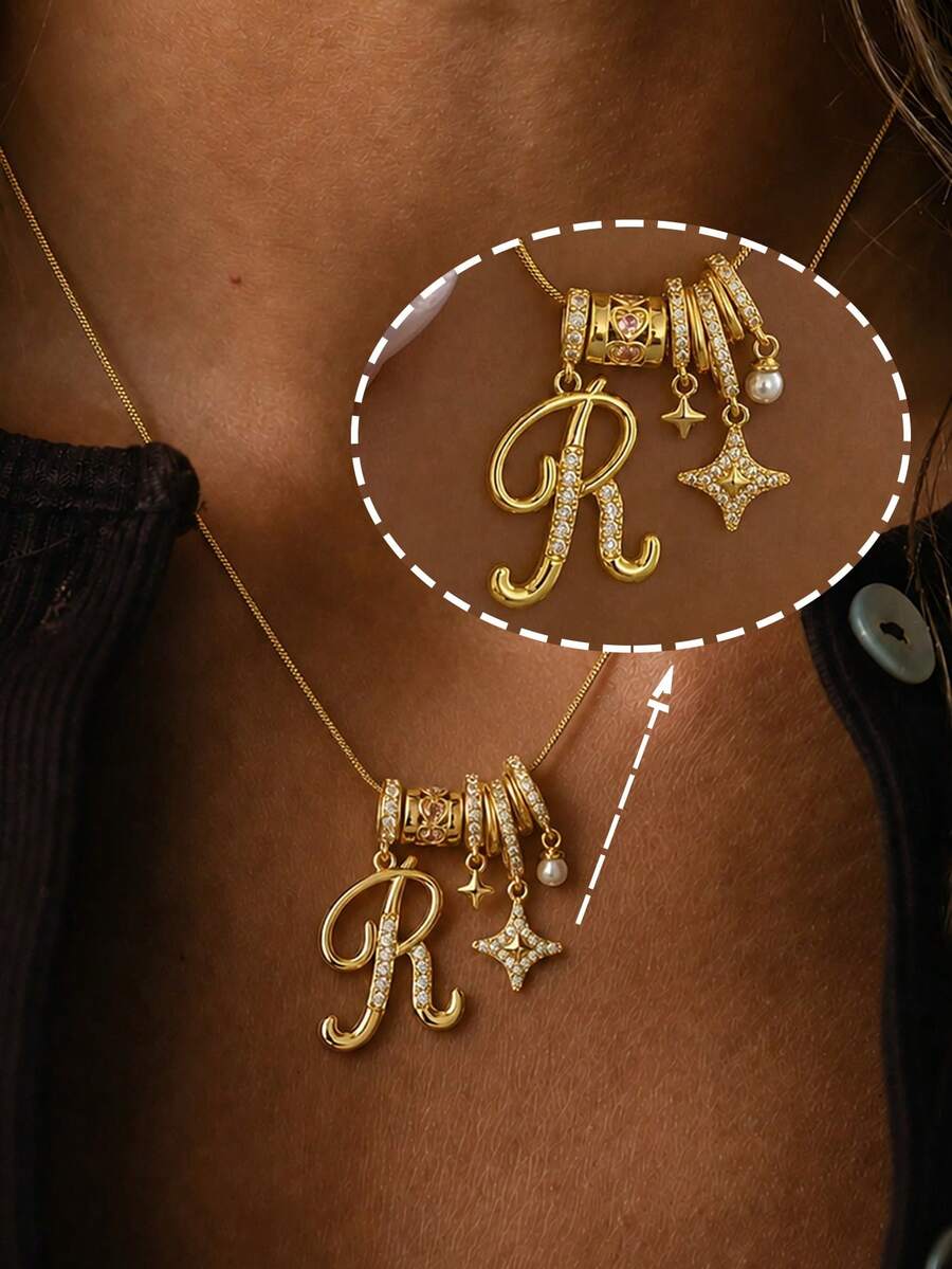 1pc Personalized Elegant Exquisite Letter & Star Detail Pendant Necklace, Women's Summer Beach Vacation Wear, Classic Vintage Pendant Necklace - Yellow Gold - View 1