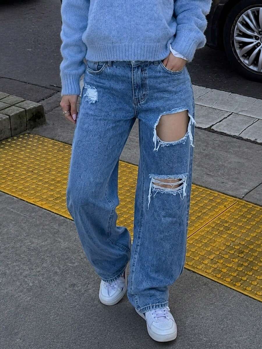 女款時尚純色復古百搭街頭風破洞牛仔褲 - 淺色水洗藍 - 查看 1