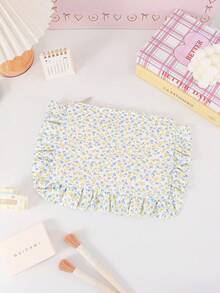Cute Floral Print Makeup Bag With Pleated Edge Design,Large Capacity Handbag,Portable Zipper Storage Bag,Travel Storage Bag,Coin Wallet,Toiletries Bag - Multicolor - View 18