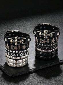 4Pcs Punk Gothic PU Leather Bracelet, Skull Star Pyramid Stud Multi-Layer Wristband, Adjustable Bracelet For Women Men, Rock Festival Party - Black - View 3