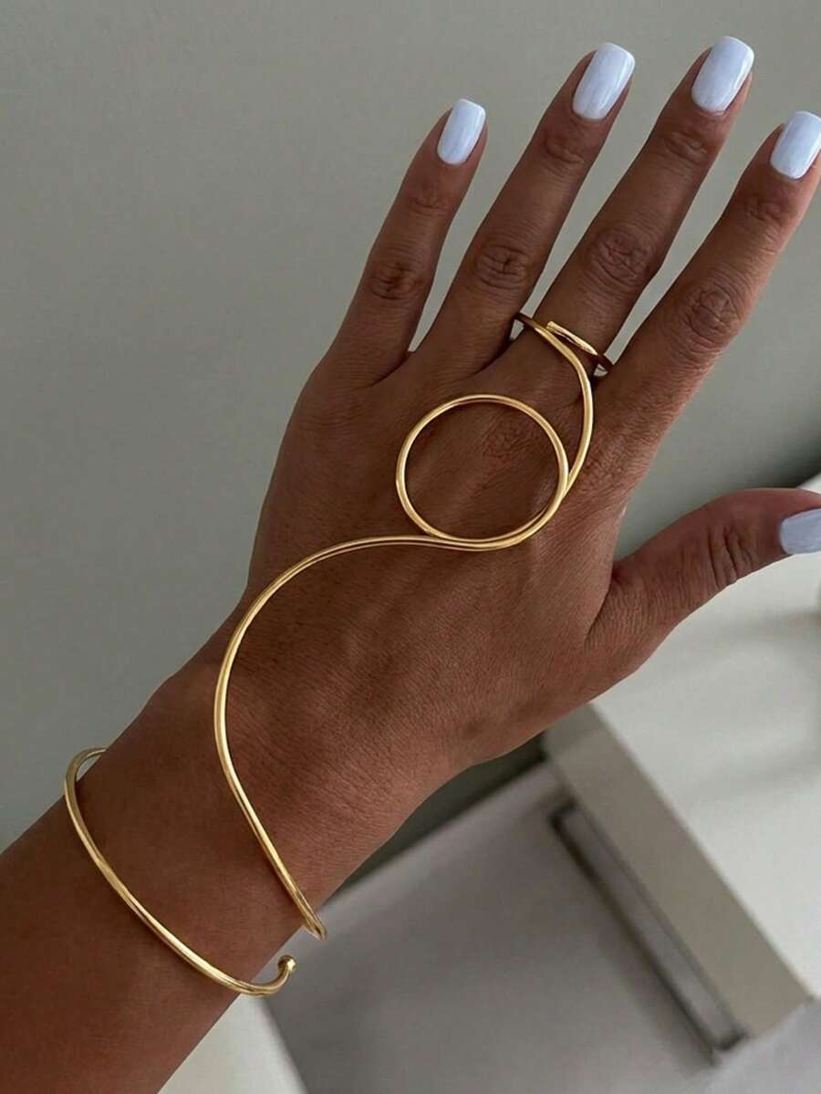 1 buah Gelang dan Cincin Wanita Terpadu Gaya INS dengan Garis Geometris Abstrak Kreatif dari Baja Tahan Karat - Emas - View 1