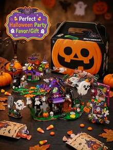 Halloween 6-In-1 Building Blocks Set, Spooky Haunted House Brick Toy With Witch, Ghost, And Pumpkin Models, Fine Motor Skills, Educational Spatial Brain Training Toy, Birthday/Halloween DIY Party Decoration & Holiday Gift For Kids And Adults - Multicolor - View 3