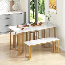 4-Piece Dining Table Set For 4, Kitchen Table Chairs Set With Bench & 2 Stools, Wing-Shaped Metal Legs, Marble Grain Dinette Table Set For Small Space, Dining Room, Breakfast Nook Table Set - 1 - View 3