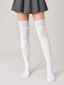 2/4 Pairs White Over-Knee Socks With Lace Patchwork – Solid Versatile Style. Great With Skirts, Boots & Casual Looks. - Multicolor - View 5