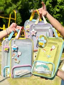 Candy Color Mesh File Bag, Portable Handheld Document Storage Bag, Student School Stationery Organizer - Single Piece - View 1