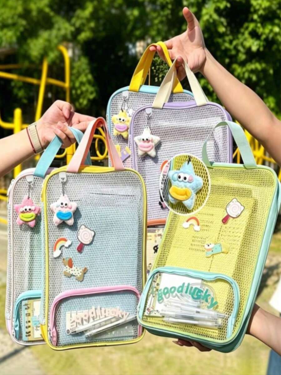 Candy Color Mesh File Bag, Portable Handheld Document Storage Bag, Student School Stationery Organizer - Single Piece - View 1