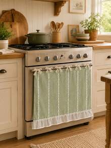 Farmhouse Linen Oven Curtain, Tie Design Stove Decor Cover With White Vertical Chain Pattern & Ruffle Trim, Reusable Kitchen Oven Skirt, Multiple Colors Optional - Multiple Styles - View 1