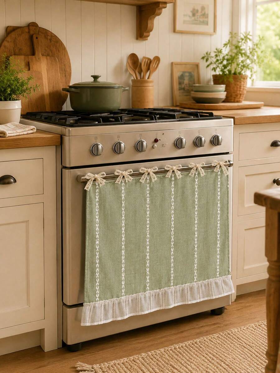 Farmhouse Linen Oven Curtain, Tie Design Stove Decor Cover With White Vertical Chain Pattern & Ruffle Trim, Reusable Kitchen Oven Skirt, Multiple Colors Optional - Multiple Styles - View 1