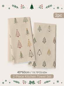 2PCS Minimalist Christmas Tree Pattern Kitchen Towels, Rectangular Soft Microfiber Polyester Material, Dish Cloth, Scouring Pad, Hand Towel, Cooking Baking Tea Towel, Christmas Kitchen Decor, Housewarming Gift, Birthday Gift, Bathroom Cleaning Cloth, Decorative Towel - Apricot - View 3