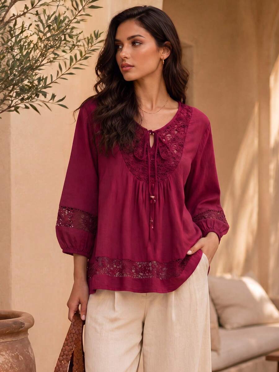 Solid Color Lace Patchwork Collar Tie Front Loose Casual Blouse, Spring & Summer Red - Red - View 1