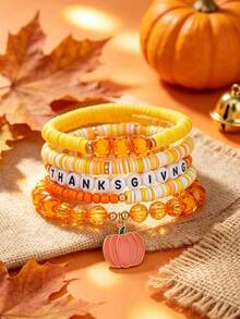 5pcs/Set Thanksgiving Letter Pumpkin Pendant Elastic Beaded Layered Bracelet Set, Autumn Bracelets, Thanksgiving Gift For Girls - Multicolor - View 3