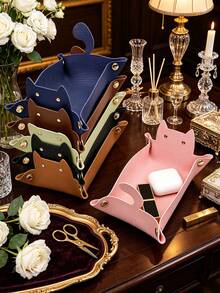 1pc Cat Desktop Storage Box, Foldable Desk Organizer, Jewelry Stationery Key Tray, Home Desktop Decor Jewelry Dish - Multicolor - View 4
