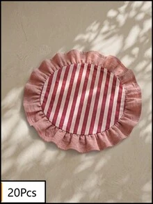 1/2/4/6/12pcs Red & White Thin Striped Pink Ruffle Edge Fabric Placemats, Fresh Natural Style, Round Shape With Ruffle Edge Patchwork Details, Stain-Resistant Tabletop Protection And Decorative Function, Suitable For Daily Breakfast And Natural Home Decor Scenes - Red - View 16