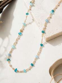 1pc Bohemian Fashion Gradient Asymmetrical Faux Pearl Beaded Necklace For Women, Suitable For Daily Wear, Vacation, Commuting, Party (Crushed Stone Color, Quantity And Shape Random) - Multicolor - View 2