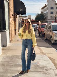 Women Yellow Solid Color V-Neck Front Button Long Sleeve Cardigan, Soft Knit Regular Fit Autumn Cardigan For Daily Work & Going Out - Yellow - View 7