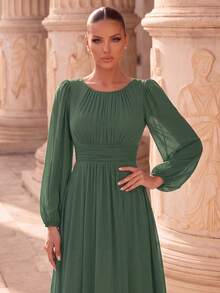 EVERPRETTY Chiffon Round Neck Lantern Sleeve Bridesmaid Dress Wedding Fall - Olive Green - View 3