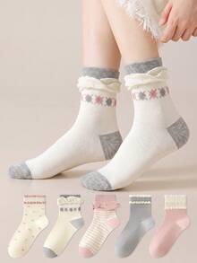 ZUJO 5 Pairs Sweet Women's Lace Mid-Calf Socks, Striped & Ditsy Floral Pattern, Simple Comfortable Breathable, Suitable For Spring, Autumn, Winter Wear - Multicolor - View 1