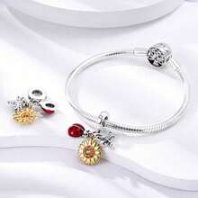 1pc Silver-Plated Plant & Flower Beaded Pendant, Color-Blocked Gold-Plated Cactus, Sunflower, Ladybug & Dragonfly Combination, Colorful Enamel & Rhinestone Fresh Natural Style, Suitable For Bracelet & Necklace, Perfect For Handmade DIY Jewelry Making & Mori Style Daily Gifts - Multicolor - View 5
