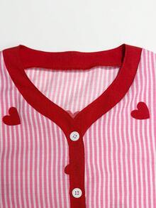 Girls Striped Heart Print Button Front Pajama Set, Ruffle Trim Long Sleeve Top+Pants, Soft Cute Tween Girl Sleepwear Loungewear For Home,Christmas,Parties - Pink - View 7
