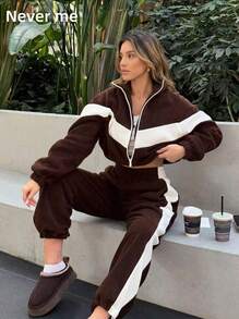 Women's Sports Set V-Neck Patchwork Stand Collar Zip-Up Jacket And Side Stripe Sweatpants 2-Piece Fitness Outfit - Coffee Brown - View 3