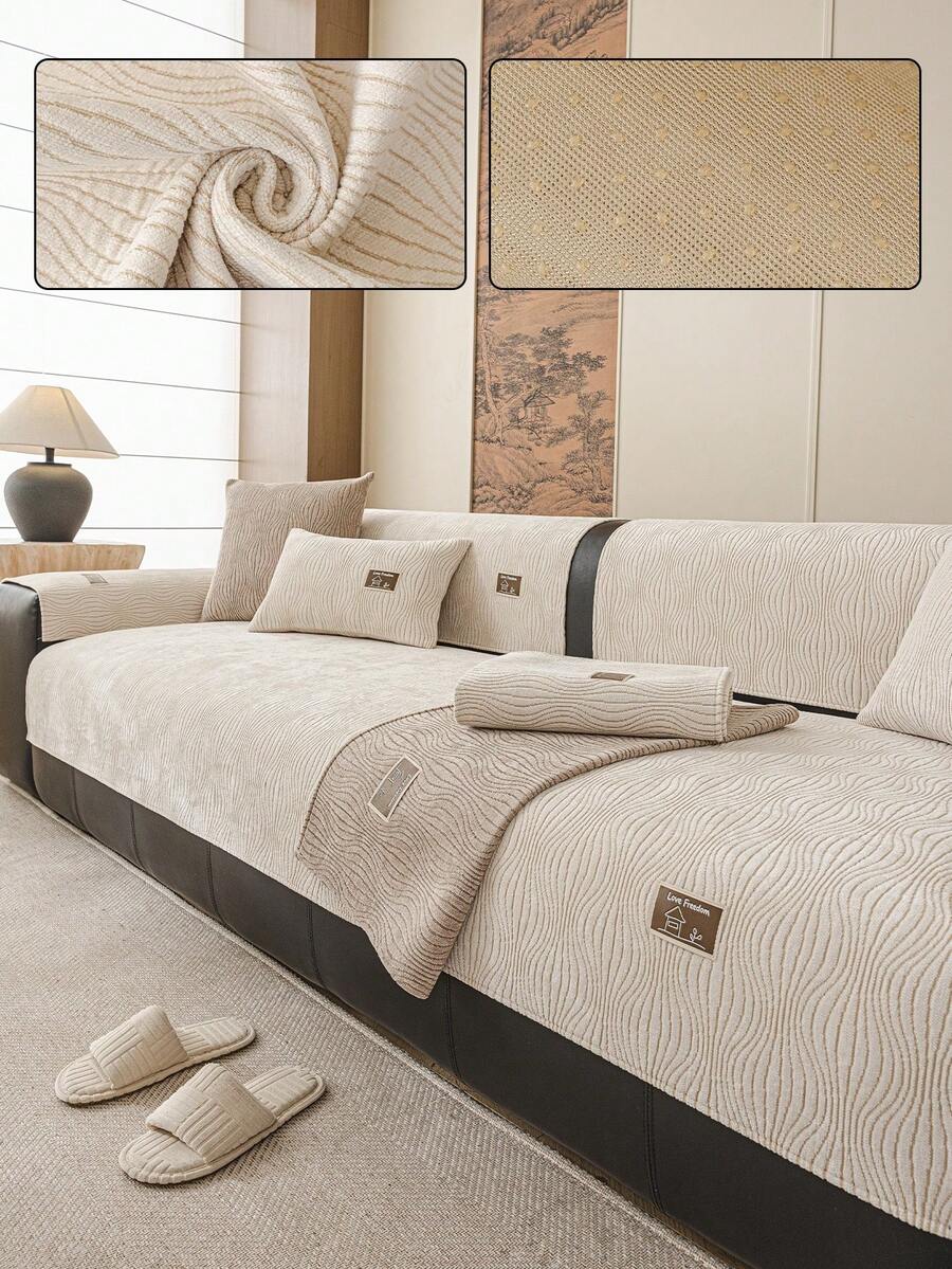 1PC Chenille Fabric, Non-Slip Bottom Design, Solid Color Sofa Cushion Cover, Pet-Friendly Sofa Cushion, Living Room Sofa Back Cushion, Armrest Cushion, Pillowcase, Modern Minimalist Style, Suitable For Bedroom, Study, Living Room And Other Home Decor - Beige - View 1