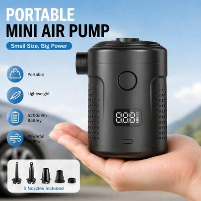 Travel Portable Electric Air Pump With LED Display, 5200mAh Rechargeable Inflate Deflate Machine With 5 Nozzles, Lightweight Design For Outdoor Camping, Pool And Household Vacuum Storage Bags