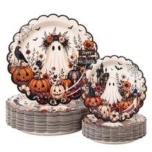 10/20/40入 復古萬聖節波浪邊一次性紙盤，可愛花卉幽靈與南瓜印花 7英吋與9英吋餐盤，詭譎秋季派對餐具，適合萬聖節派對、不給糖就搗蛋、秋季聚會與甜點桌裝飾 - 黑白南瓜 - 查看 1