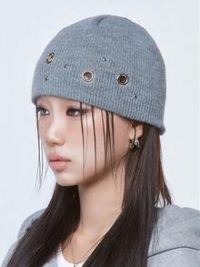 1 chiếc mũ len beanie phong cách punk, đan kim, đính khoen kim loại, trang trí đinh tán cá tính, mũ trùm đầu streetwear đa năng - màu đen - Xem 8