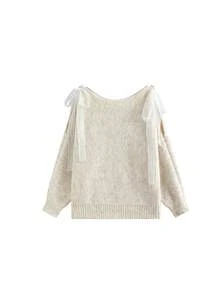 Women's Lace Patchwork Tie Bow Cold Shoulder Sweater, Soft & Cozy Slouchy Loose Slimming Knit Top, Autumn/Winter - Off White - View 2