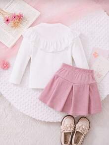 Girls Sweet Bow 2 Pieces Set, Ruffle Ribbed Long Sleeve Base Layer + Double Bow Corduroy Pleated Skirt, Soft Skin-Friendly Fabric, Gentle Spring/Autumn Outfit For Young Girl - Multicolor - View 7