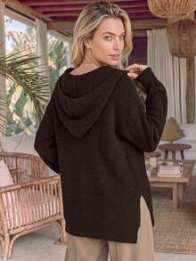 NiceArt Women's Autumn Dark Brown Blended Streetwear Knit Top, Hooded Half-Zip Drawstring Sweater, Winter Outfit, Suitable For Socializing And Night Out - Brown - View 3