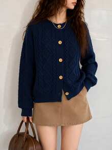 Women's Autumn/Winter Casual Vintage Cable Knit Contrast Color Button Round Neck Cardigan Sweater - Navy Blue - View 1
