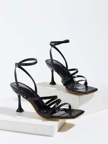 Glossy Black Embossed Square-Toe High Heel Sandals, Multi-Strap Upper, Adjustable Ankle Strap With Buckle, For Party Dinner Date - Black - View 6