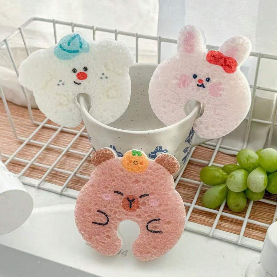1pc Cute Animal Hanging Dish Sponge, Compressed Wood Pulp Cotton Kitchen Dish Scrubber, Magic Cleaning Scrub Brush - Multicolor - View 1