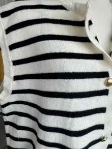 White Base Black Stripe Contrast Color Metal Button Plus Size Women Knitted Vest Vacation Fall - White - View 6